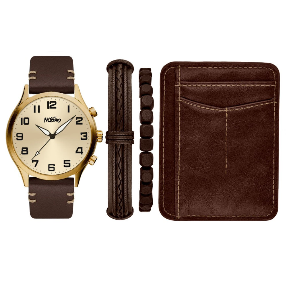 Mosimo Men's Gold Dial Quartz Movement Set with Leather Bracelets and Wallet - MOSS-0002(W+BR+CRD)