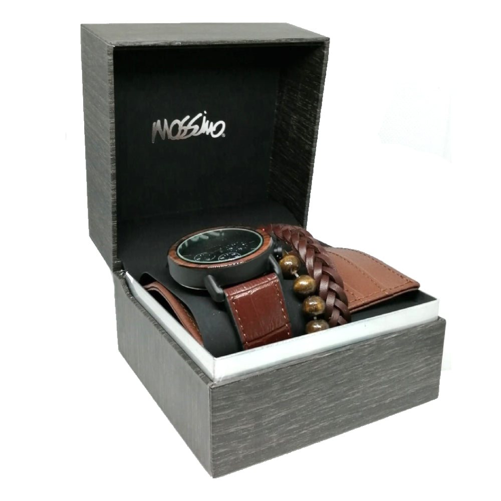 Mosimo Men's Black Dial Quartz Movement Set with Leather Bracelets and Wallet - MOSS-0007(W+BR+CRD)