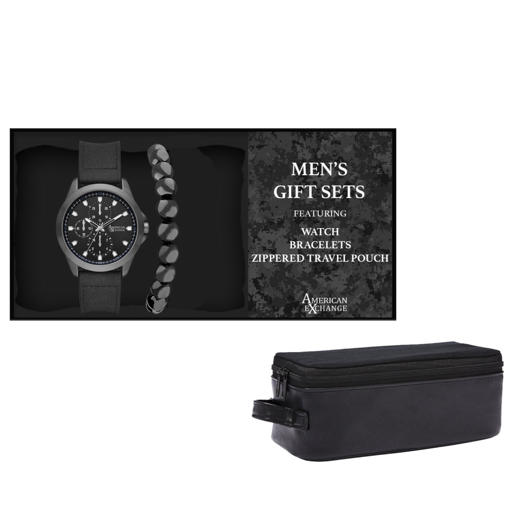 American Exchange Men's Black Dial Quartz Movement Set with Bracelet and Travel Organizer Bag - AME-0027(W+BR)