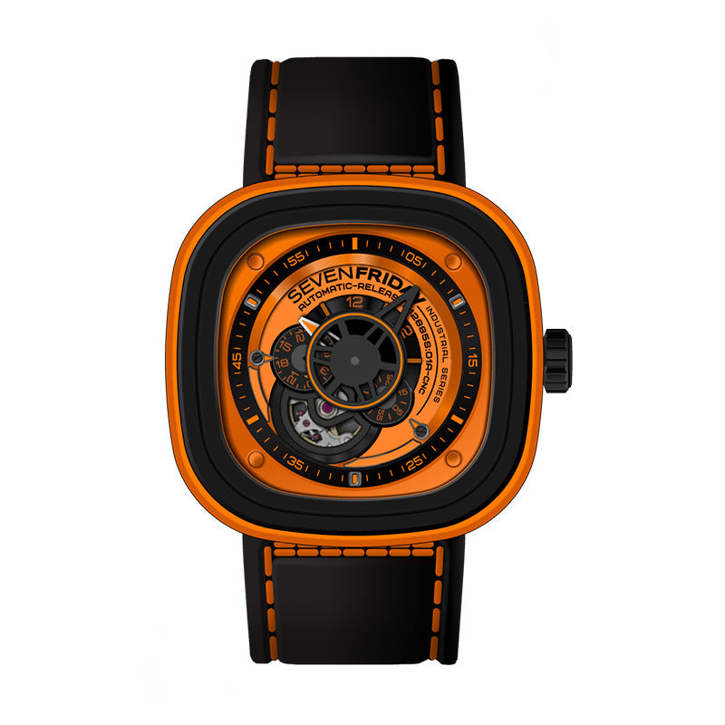 ساعة سيفين فرايداي الرجالية بحركة أوتوماتيكية ولون مينا برتقالي - SF-0056